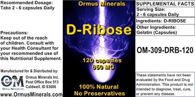 Photo of the Ormus Minerals D-Ribose 650 mg label