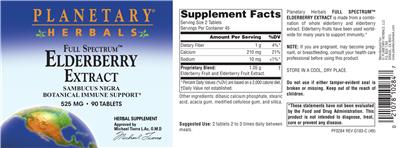 Photo of the Planetary Herbals Full Spectrum Elderberry Extract 525 mg label