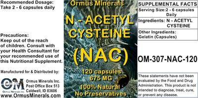 Photo of the Ormus Minerals N-Acetyl Cysteine (NAC) 675 mg label