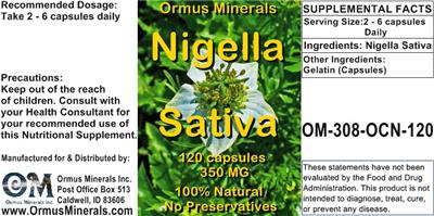 Photo of the Ormus Minerals Nigella Sativa 350 mg label
