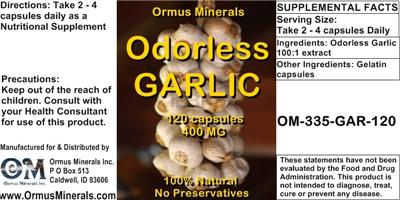 Photo of the Ormus Minerals Odorless Garlic 400 mg label