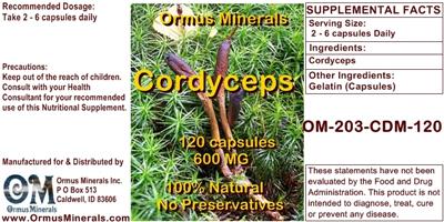 Photo of the Ormus Minerals Cordyceps 600 mg label
