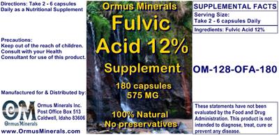 Photo of the Ormus Minerals Fulvic Acid 12% Supplement 575 mg label