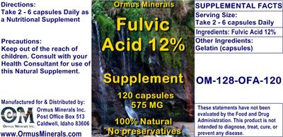 Photo of the Ormus Minerals Fulvic Acid 12% Supplement 575 mg label