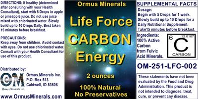 Photo of the Ormus Minerals Life Force Carbon Energy label