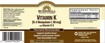 Photo of the Windmill Natural Vitamins Vitamin K (K-2 Menaquinone-7, 100 mcg) with Vitamin D-3 label