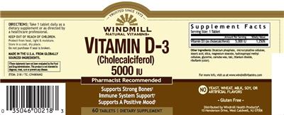 Photo of the Windmill Natural Vitamins Vitamin D-3 (Cholecalciferol) 5000 IU label