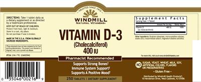 Photo of the Windmill Natural Vitamins Vitamin D-3 (Cholecalciferol) 400 IU label