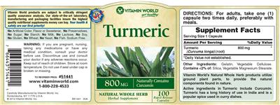 Photo of the Vitamin World Turmeric 800 mg label