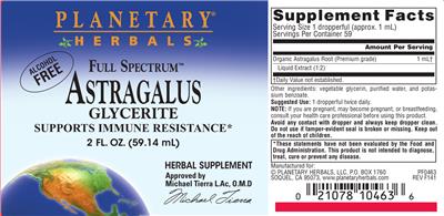 Photo of the Planetary Herbals Full Spectrum Astragalus Glycerite label