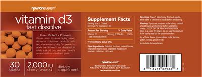 Photo of the NewtonEverett Vitamin D3 2,000 IU Fast Dissolve Cherry Flavored label