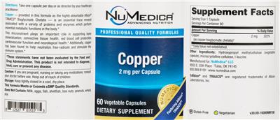 Photo of the NuMedica Copper 2 mg label