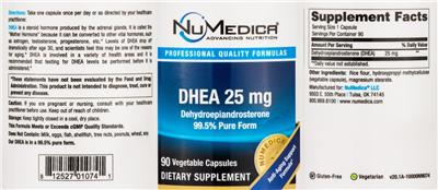 Photo of the NuMedica DHEA 25 mg label