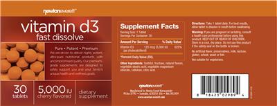 Photo of the NewtonEverett Vitamin D3 5,000 IU Fast Dissolve Cherry Flavored label
