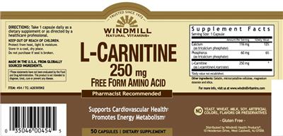 Photo of the Windmill L-Carnitine 250 mg label