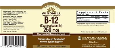 Photo of the Windmill Natural Vitamins B-12 (Cyanocobalamin) 250 mcg label