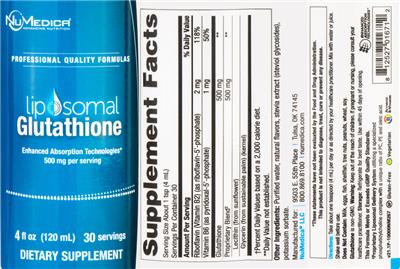 Photo of the NuMedica Liposomal Glutathione 500 mg label