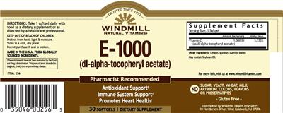 Photo of the Windmill Natural Vitamins E-1000 label