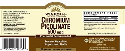 Photo of the Windmill Natural Vitamins Chromium Picolinate 500 mcg label