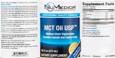Photo of the NuMedica MCT Oil USP label