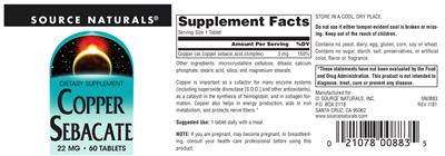 Photo of the Source Naturals Copper Sebacate label