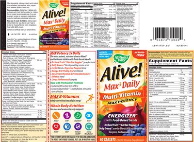 Photo of the Nature's Way Alive! Max3 Daily Multi-Vitamin Max Potency label