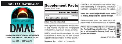 Photo of the Source Naturals DMAE 351 mg label