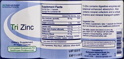 Photo of the BioGenesis Nutraceuticals Tri Zinc label