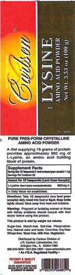 Photo of the Carlson L-Lysine Amino Acid Powder label