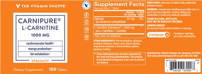 Photo of the The Vitamin Shoppe Carnipure L-Carnitine 1000 mg label