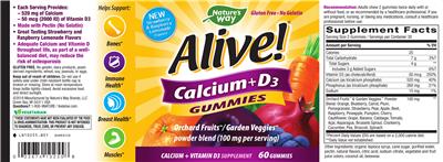 Photo of the Nature's Way Alive! Calcium + D3 Gummies label