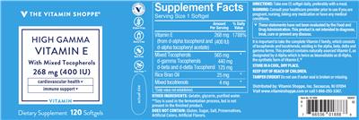 Photo of the The Vitamin Shoppe High Gamma Vitamin E with Mixed Tocopherols 268 mg (400 IU) label