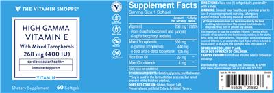 Photo of the The Vitamin Shoppe High Gamma Vitamin E with Mixed Tocopherols 268 mg (400 IU) label