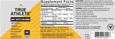 Photo of the True Athlete ZMA with Theanine label