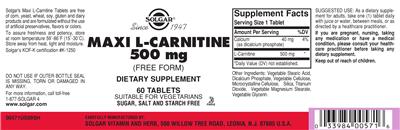 Photo of the Solgar Maxi L-Carnitine 500 mg label
