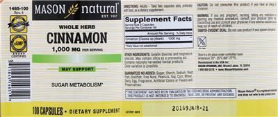 Photo of the Mason Natural Cinnamon 1,000 mg label