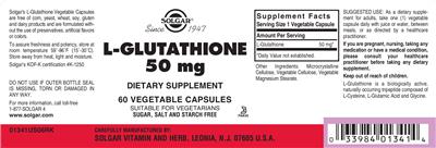 Photo of the Solgar L-Glutathione 50 mg label