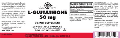Photo of the Solgar L-Glutathione 50 mg label