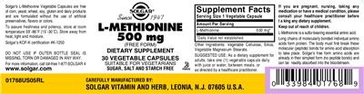 Photo of the Solgar L-Methionine 500 mg label