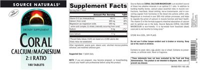 Photo of the Source Naturals Coral Calcium/Magnesium 2:1 Ratio label
