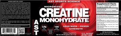 Photo of the AST Sports Science Micronized Creatine Monohydrate label