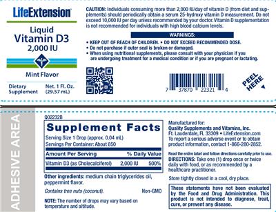 Photo of the Life Extension Liquid Vitamin D3 2,000 IU Mint Flavor label