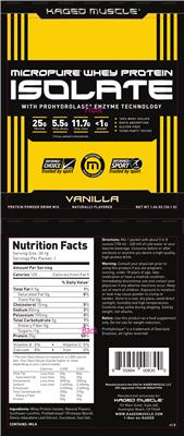 Photo of the Kaged Muscle Micropure Whey Protein Isolate Vanilla label
