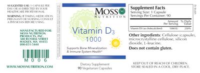 Photo of the Moss Nutrition Vitamin D3 1000 label