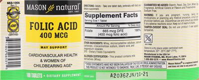 Photo of the Mason Natural Folic Acid 400 mcg label