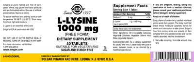 Photo of the Solgar L-Lysine 1000 mg label