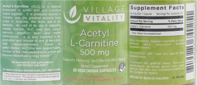 Photo of the Village Vitality Acetyl L-Carnitine 500 mg label