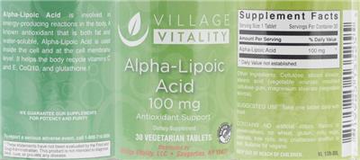 Photo of the Village Vitality Alpha-Lipoic Acid 100 mg label
