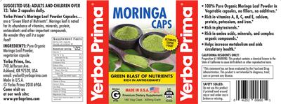 Photo of the Yerba Prima Moringa Caps label