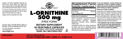 Photo of the Solgar L-Ornithine 500 mg label